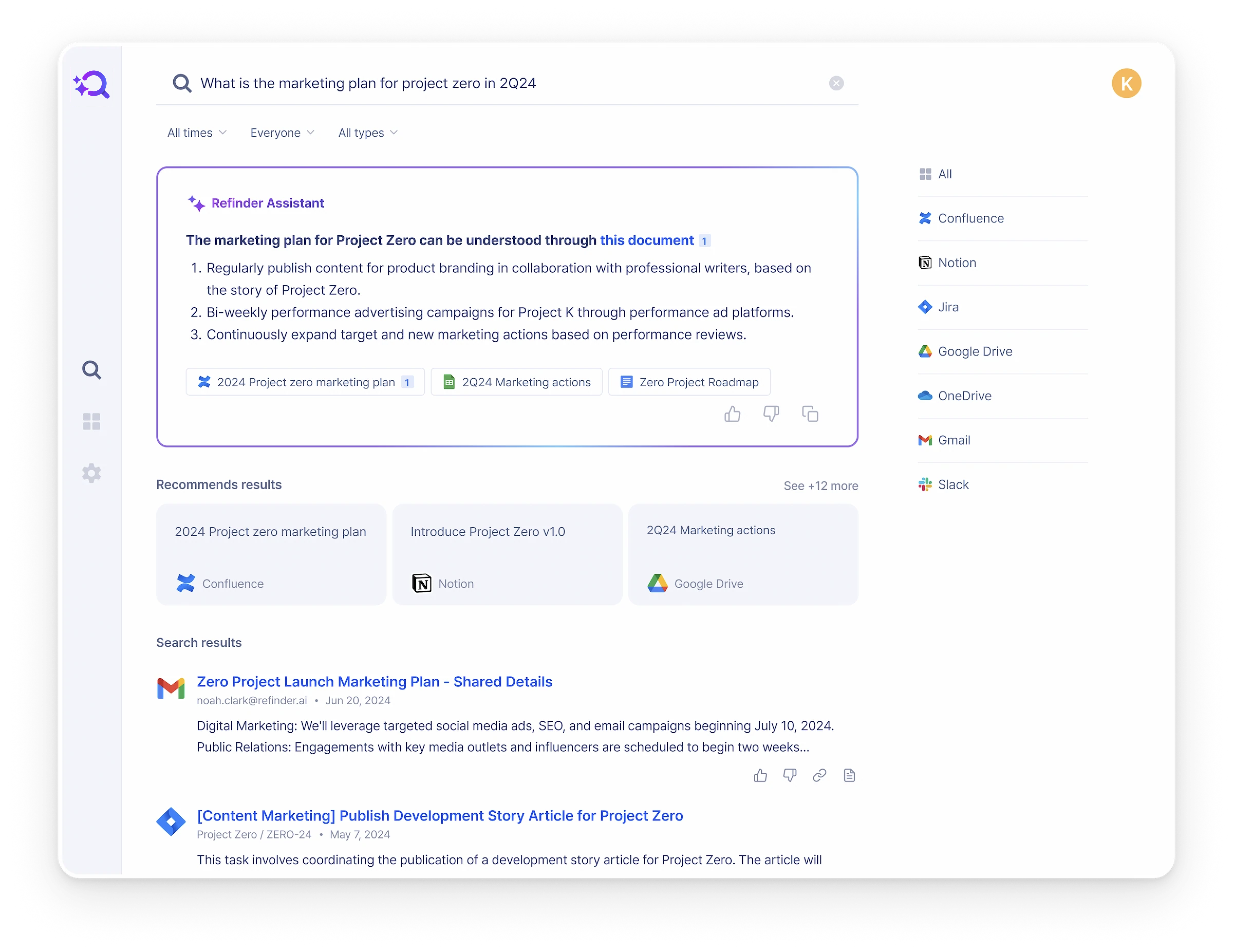 Refinder AI search result & assistant answer